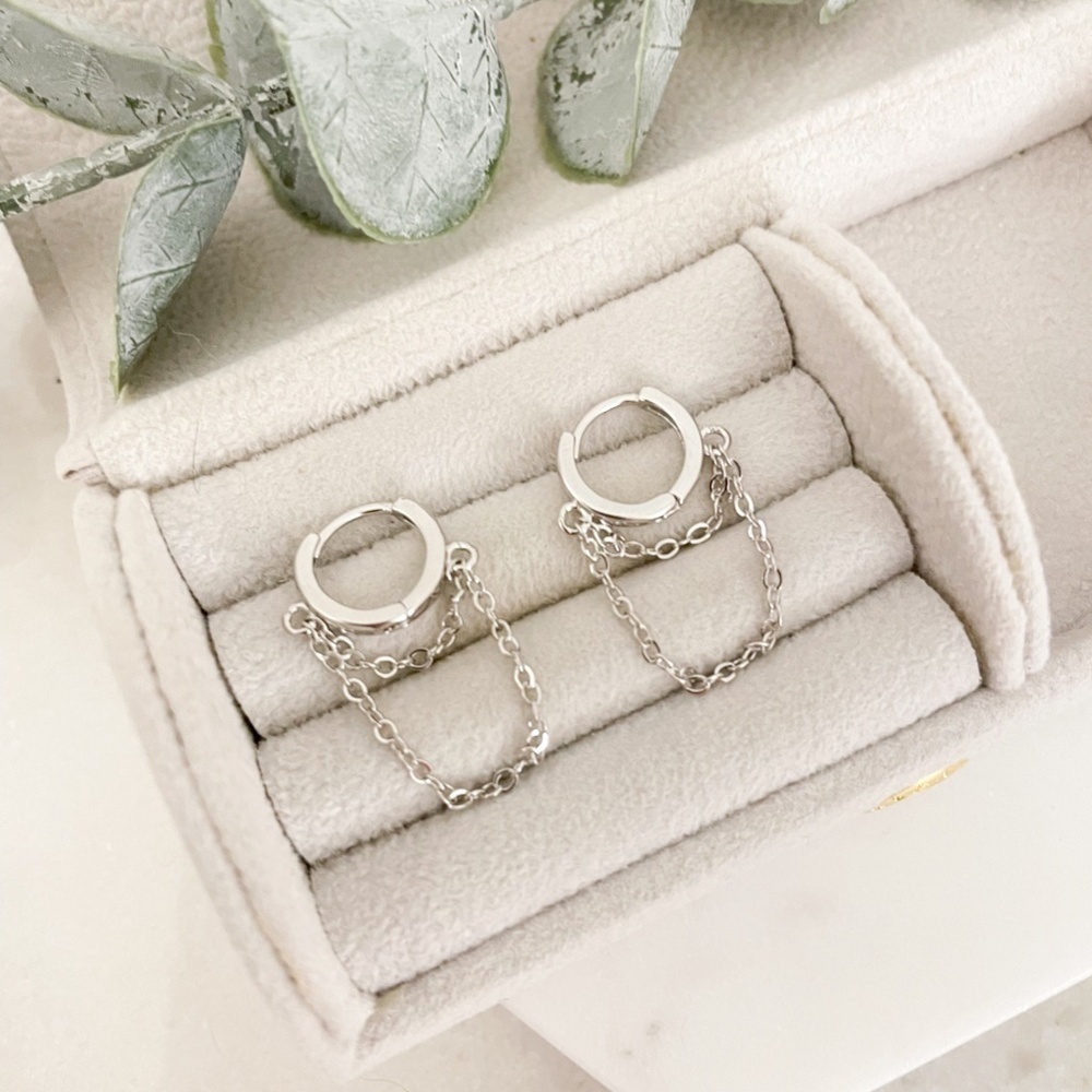 925 Sterling Silver Huggie Earrings Dangle Chain Earrings Small Hoops Huggies - Picture 3 of 6